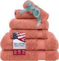 American Veteran Towel, 6 Piece Towel Set for Bathroom, 100% Cotton Turkish Bathroom Towels, 2 Bath Towels 2 Hand Towels 2 Washcloths, Coral