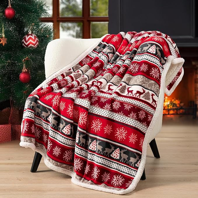 PAVILIA Christmas Sherpa Throw Blanket, Red & White Snowflake, Reindeer, Reversible Fleece & Sherpa Cozy Winter Blanket for Couch & Bed, 50x60, Christmas & Holiday Decor