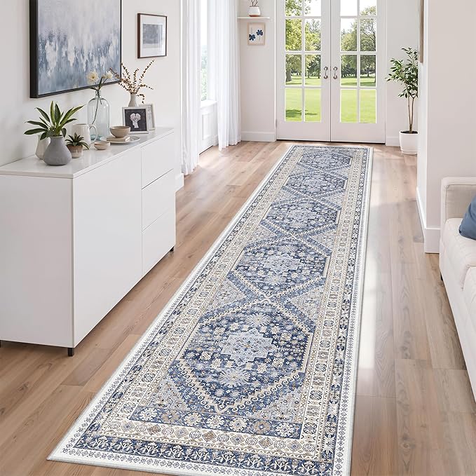 zesthome Washable Runner Rug 2.5x12 - Stain Resistant Entryway Rug,Ultra-Thin Kitchen Rugs, Anti Slip Backing Runner Rugs for Entrance Laundry Room Indoor Hallway (Blue/Beige,2.5'x12')