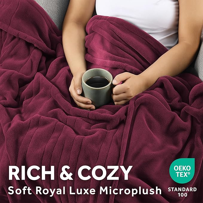 Sunbeam Electric Royal Luxe Microplush Heated Blanket, 12 Heat Settings, 12-Hour Auto Shut-Off, Fast Heating, Warm & Cozy, Machine Washable, Cabernet Color, Twin (84" x 62")