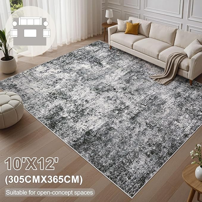 Area Rug Living Room Rugs - 10x12 Washable Large Soft Indoor Neutral Modern Abstract Low Pile Rug Carpet for Bedroom Dining Room Farmhouse Home Office - Grey
