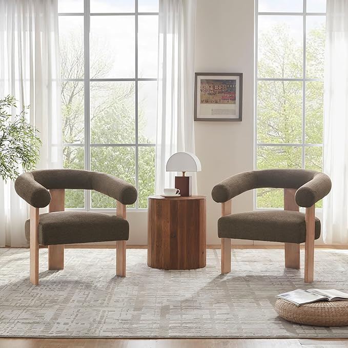 VKNOW Accent Chair Living Room Chairs Set of 2, Modern Upholstered Arm Chair with Solid Wood Legs, Comfy Barrel Accent Chairs for Living Room, Bedroom, Brown