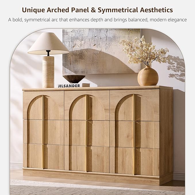ACCOHOHO Arched Dresser for Bedroom with 9 Drawers, 52" Wide Modern Chest of Drawers with Rounded Edge & Metal Handles, Wood Storage Closet Dressers TV Stand for Living Room, Hallway, Natural Oak