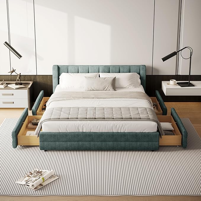 DEINPPA Queen Size Bed Frame with 4 Storage Drawers and Cloud Soft Headboard, Chenille Upholstered Grounded Wood Base Bed Frame, No Box Spring Needed-Blue+Green