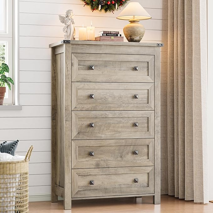 Dresser for Bedroom with 5 Drawers, Tall Wood Chest of Drawers, Modern Farmhouse Closet Clothes Organizer, Storage Tower Cabinet with Metal Handles for Hallway, Living Room, Entryway, Light Grey
