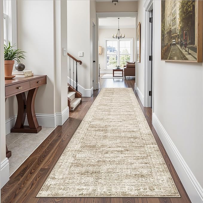 Runner Rug 2'6" x 12' Washable Non-Slip Runner Rugs for Kitchen Bathroom Laundry Room Vintage Ultra Thin Runners for Hallway Entryway Brown