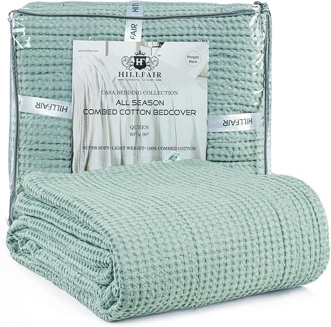 HILLFAIR 100% Combed Cotton Blanket– Queen Size Bed Blanket– Warm Soft All Season Breathable Lightweight Summer Blankets– Waffle Weave Home Decor Bed Blanket- Sage Queen Bed Cotton Blankets/Bedcover