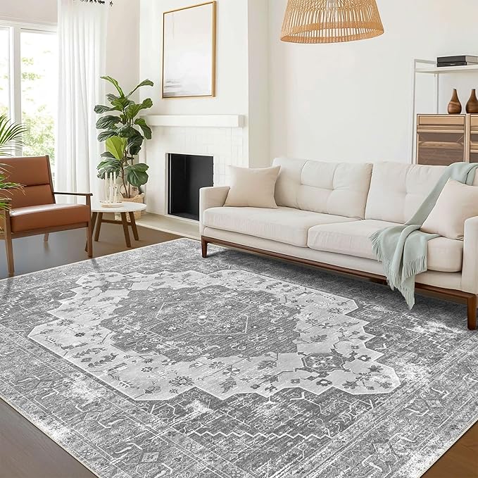 vivorug 9x12 Area Rugs, Stain Resistant Washable Rug for Living Room, Vintage-Inspired Grey Floral Rug