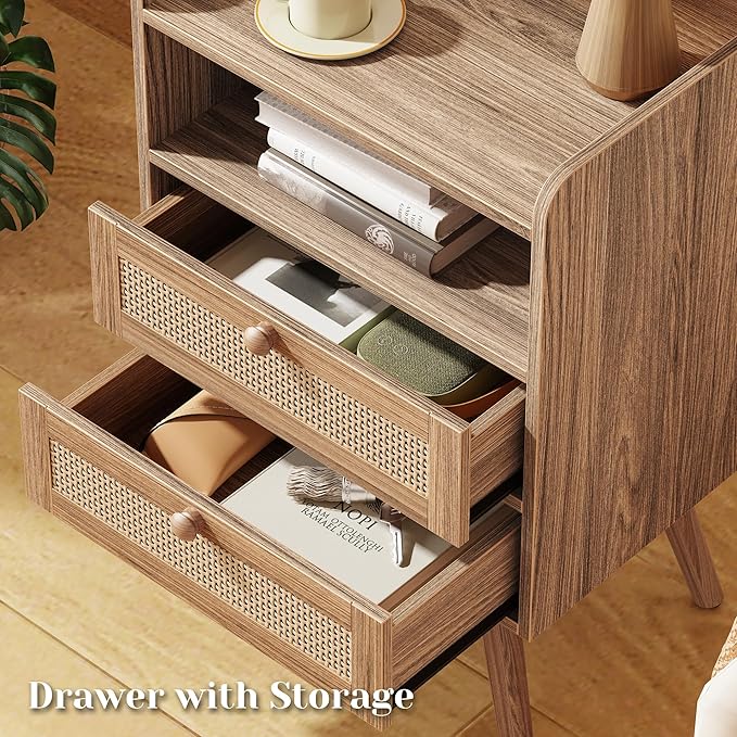 SUPERJARE 2 Drawer Night Stand with Charger Station, Boho Rattan Nightstand Set of 2, 25.2 Inch Tall Bed Side Table with Solid Wood Feet, End Table, Open Storage, Synthetic Rattan, Walnut