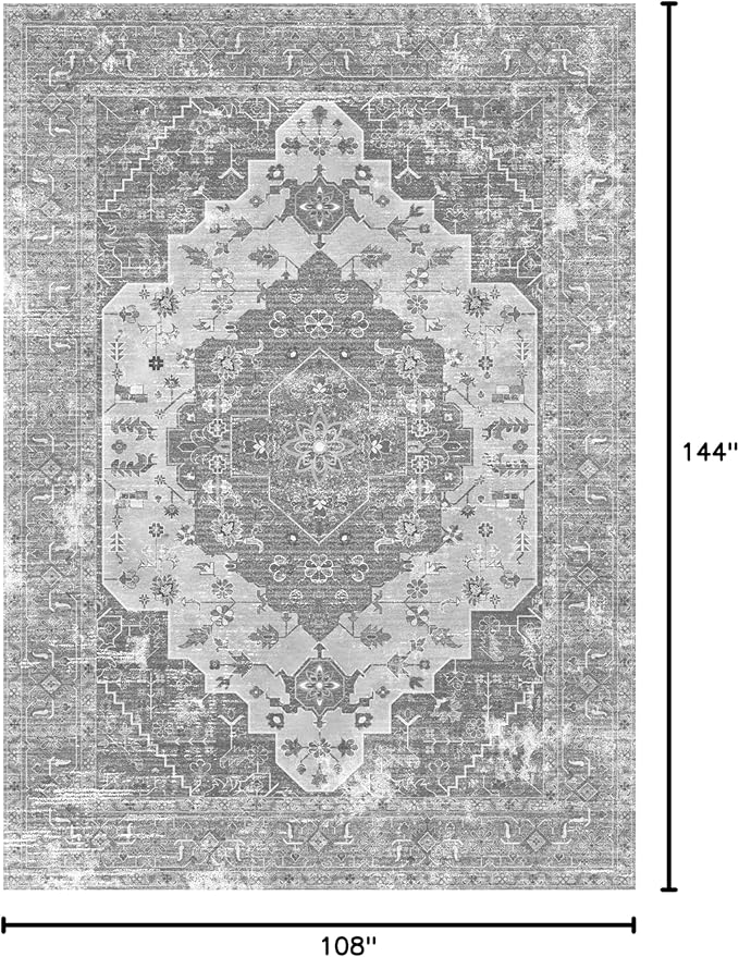vivorug 9x12 Area Rugs, Stain Resistant Washable Rug for Living Room, Vintage-Inspired Grey Floral Rug