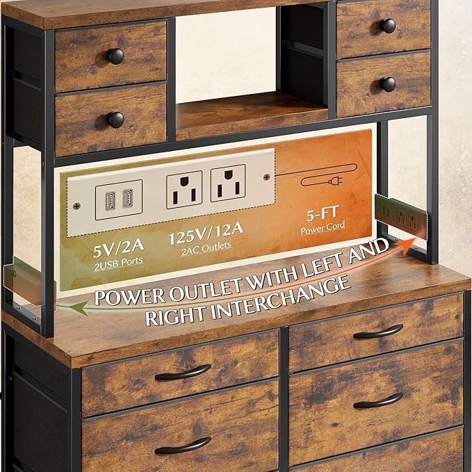 EnHomee 62.8" H Dresser for Bedroom with 14 Drawers,Fabric Dresser with Charging Station and LED Lights,Dressers & Chests of Drawers for Bedroom, Steel Frame & Wooden Top,Rustic Brown