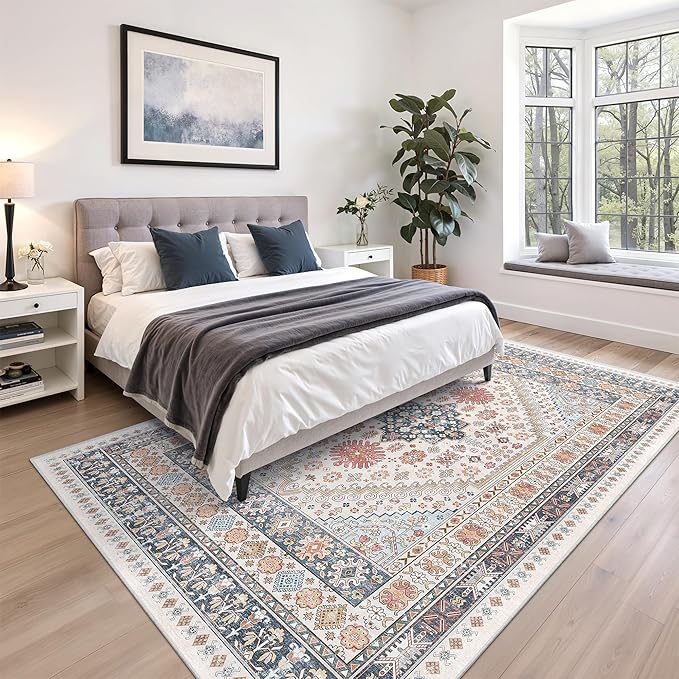 zesthome 7x9 Area Rugs for Living Room,Non-Slip Backing Washable Rugs,Vintage Large Area Rug，Stain Resistant Home Decor Rug (Multi,7'x9')