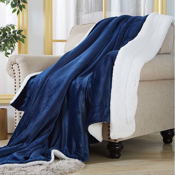 SOCHOW Sherpa Fleece Throw Blanket, Double-Sided Super Soft Luxurious Plush Blanket Queen Size 90 inchx90 inch, Navy Blue