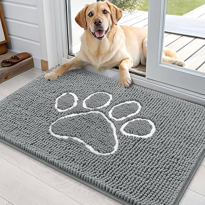 OLANLY Dog Door Mat for Muddy Paws 36x24, Paw Print Design, Absorbs Moisture and Dirt, Absorbent Non-Slip Washable Doormat, Quick Dry Chenille Mud Mat, Entry Indoor Entryway Carpet, Grey and White