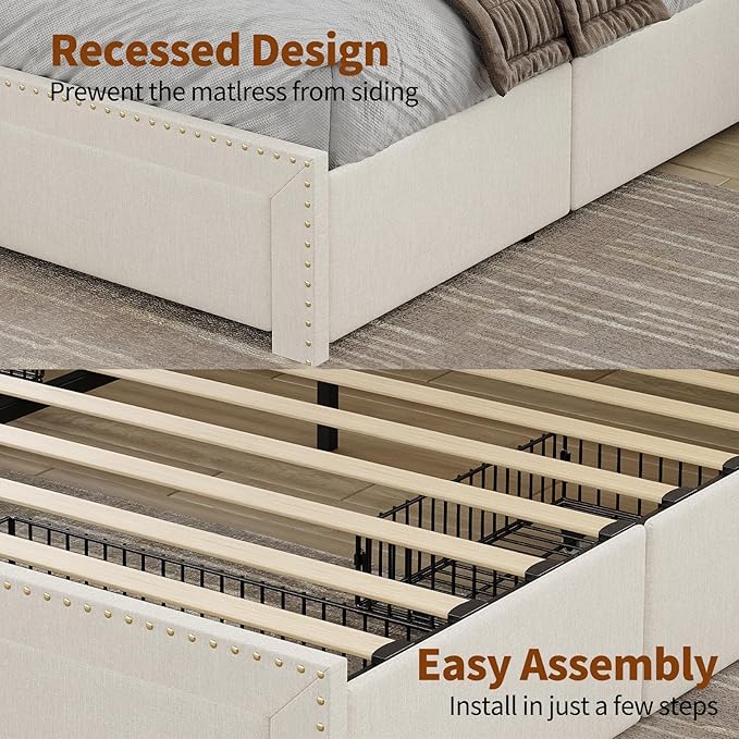 King Size Bed Frame with LED Light and Charging Station, Upholstered Bed Frame with 4 Drawers and 2-Tier Storage Headboard, Easy Assembly, Wooden Slats Support, No Box Spring Needed