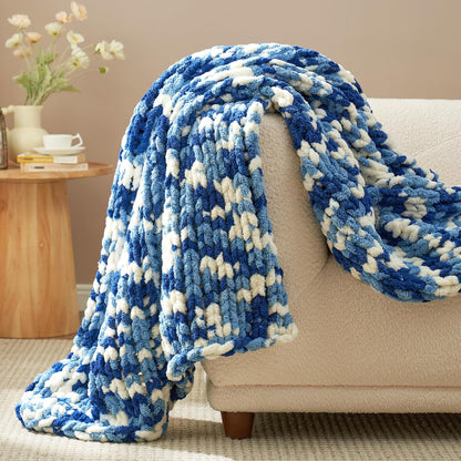Amélie Home Chunky Knit Throw Blanket for Couch, Soft Chenille Crochet Blanket for Sofa, 50"x60", Space-Dyed Blue