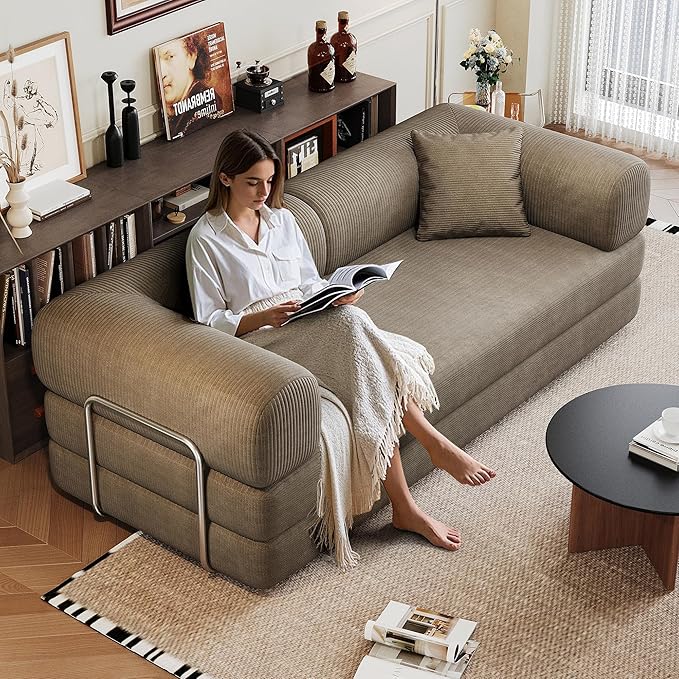 79" Convertible Sofa Bed with Fixed-Shape Frame, Corduroy Folding Pull Out Couch, No Assembly Modern Boneless Couch Compression Sofa in Box, Floor Sofa for Living Room,Camel