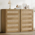 SICOTAS Tall Dresser for Bedroom - Rattan 5 Drawer Dressers Chest of Drawers with Push-to-Open Design, Modern Extra Deep Clothes Dresser with Large Storage for Closet, Living Room, Amber Oak, 2PCS