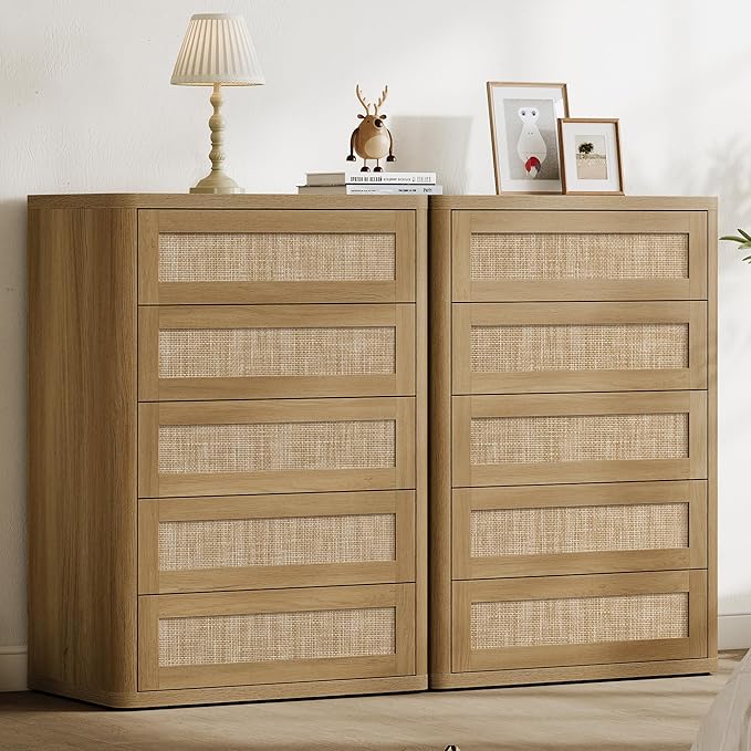 SICOTAS Tall Dresser for Bedroom - Rattan 5 Drawer Dressers Chest of Drawers with Push-to-Open Design, Modern Extra Deep Clothes Dresser with Large Storage for Closet, Living Room, Amber Oak, 2PCS