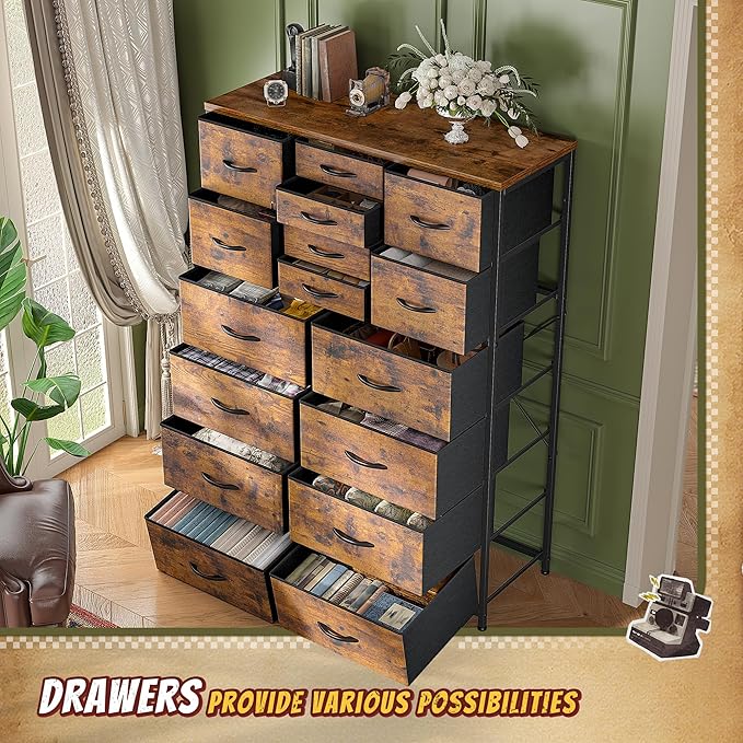 57“H Dresser for Bedroom with Multiple Drawers, Fabric Dressers & Chests of Drawers for Bedroom,Large Dresser, Sturdy Metal Frame & Wood Top,Entryway, Hallway(Rustic Brown)