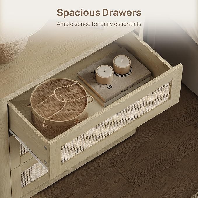 SICOTAS Rattan Night Stand Set of 2, Oversized 3-Drawer Nightstand, Large Bedside Table Boho End Table Storage Cabinet with Kid-Safe Rounded Edges & Push-Close Design for Bedroom Guest Room, Sand Oak