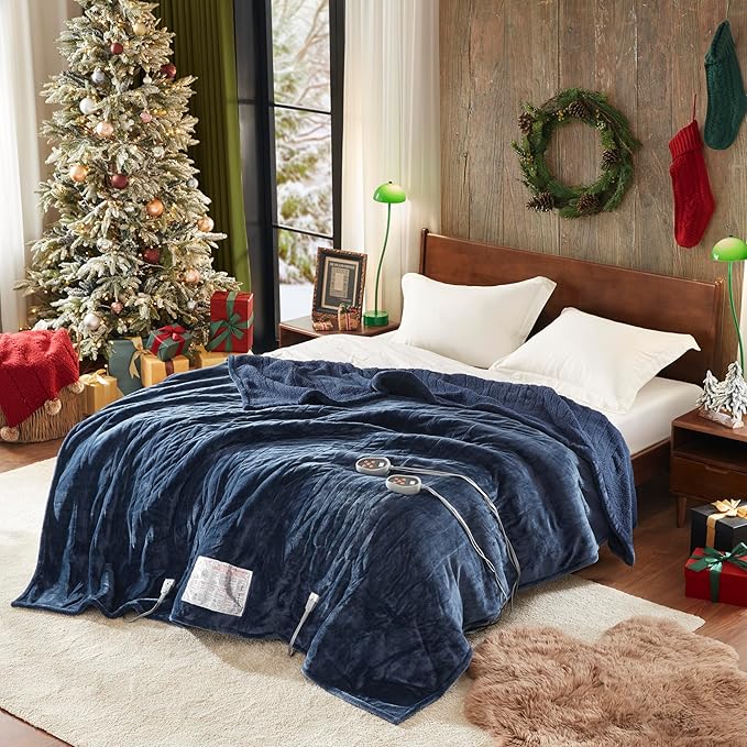 Beautyrest Heated Blanket, Electric Blanket, Soft, Warm, Reversible Plush - Sherpa Heating Blanket with 20 Heat Settings, 1-10 hrs Timer Auto Shut Off, Machine Washable, King (90 inx100 in), Indigo