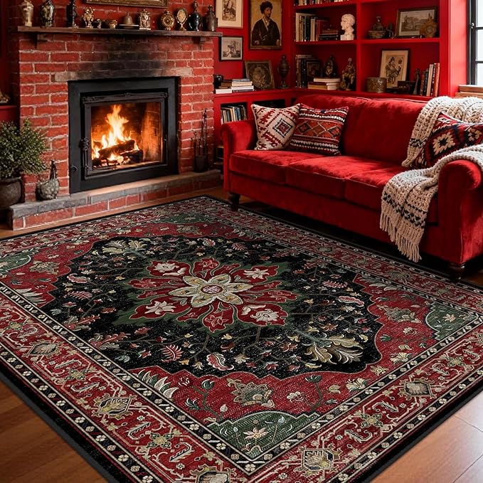 Area Rugs 6'x9' Washable Non-Slip, Floral Vintage Distress Print Pattern Medallion Carpet for Living Room Bedroom Dining Room, Red Black