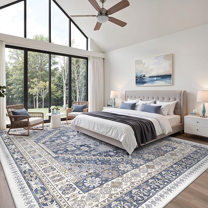 zesthome 10x14 Area Rugs,Stain Resistant Washable Rug,Ultra-Thin Rugs for Living Room,Bedroom,Non-Slip Backing Home Decor Large Area Rug (Blue/Beige,10'x14')