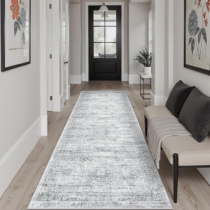 Washable Runner Rug, 2'6" x 8' Non-Slip Kitchen Vintage Foldable Hallway Runners for Entryway, Laundry, Bedroom, Grey