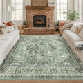 Area Rugs Square 8ft Washable Non-Slip, Floral Vintage Distress Print Pattern Medallion Carpet for Living Room Bedroom Dining Room, Dark Green Gray