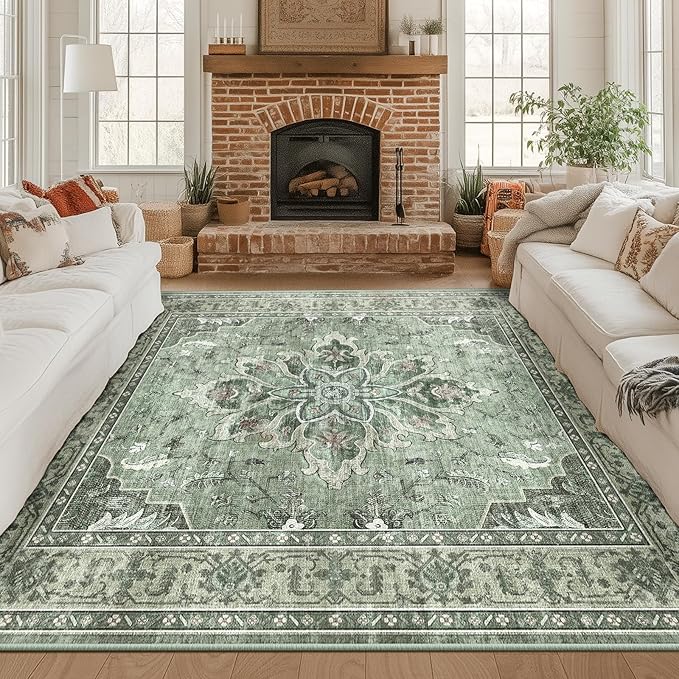 Area Rugs Square 8ft Washable Non-Slip, Floral Vintage Distress Print Pattern Medallion Carpet for Living Room Bedroom Dining Room, Dark Green Gray