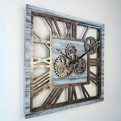 The Gears Clock 24'' Inch Square Real Moving Gear Wall Clock Vintage Industrial Oversized Rustic Farmhouse (Silver Grey)