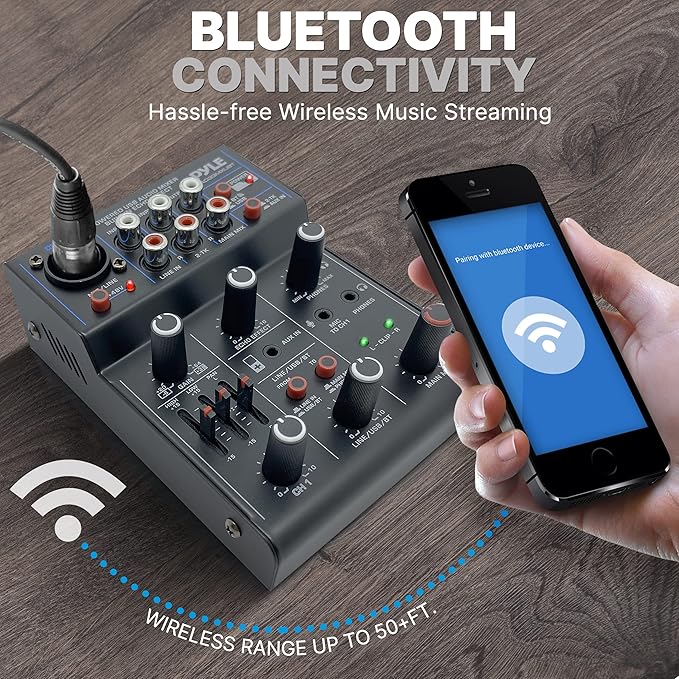 Pyle 3-Channel Professional Wireless DJ Audio Mixer - Bluetooth 5.0 - USB Interface - XLR+6.35mm Mic/Line/Guitar Input - 3.5mm Mic Input - RCA - AUX - Headphone Jack - +48V Phantom Power - PAD33MXUBT