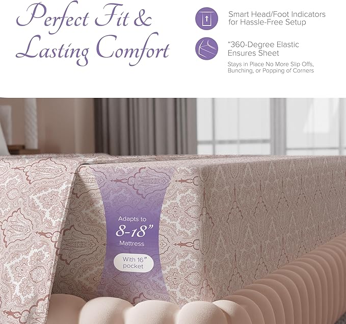 Carressa Linen Luxury Egyptian Cotton King Printed Sheet Set - 600 Thread Count Extra Long Staple 4 PC Set, Paisley Blush King Printed Sheets, Soft, Cooling Sateen Weave Sheets Upto 18 in Deep Pocket