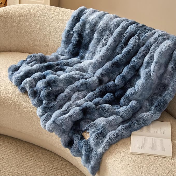 Bedsure GentleSoft Fluffy Faux Fur Throw Blanket, Fuzzy Soft Bubble Blanket for Couch, Faux Fur Decor for Home Bedroom Living Room, Thick Warm Furry Cozy Gifts for Women, Tie-dye Blue, 50x60 Inch