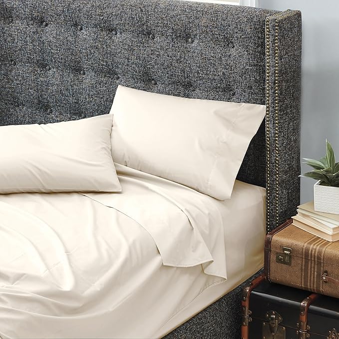 Cuddledown Dreamstead 100% Cotton Bed Sheets Set | 300 Thread Count | Luxurious Sateen Weave | Pure Combed Cotton | Soft | Wrinkle Resistant | 4 Piece Set | Ivory | King | 78” x 80”