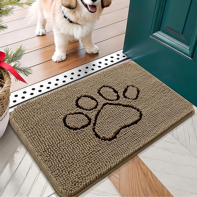 OLANLY Dog Door Mat for Muddy Paws 24x16, Paw Print Design, Absorbs Moisture and Dirt, Absorbent Non-Slip Washable Doormat, Quick Dry Chenille Mud Mat for Dogs, Entry Indoor Entryway Carpet, Tan