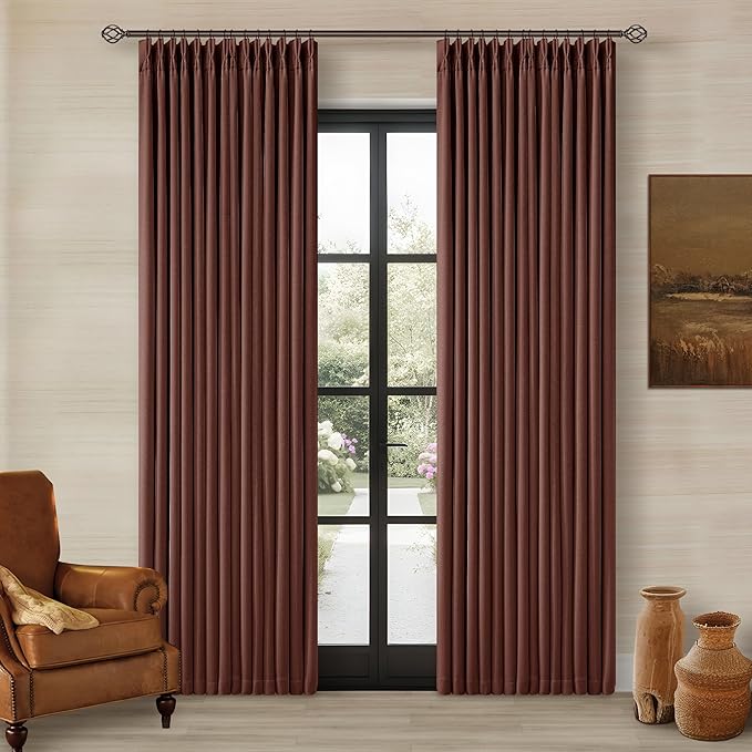 Chestnut Brown Pinch Pleated Blackout Linen Curtains 86 Inches Long for Bedroom Pleated 100% Black Out Drapes with Liner Rust Farmhouse Country Extra Long 86 Inch Curtain for Living Dining Room