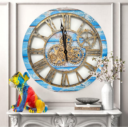 The Gears Clock The Original Real Moving Gear Wall Clock Vintage Industrial Oversized Rustic Farmhouse (24 inch (60cm), Vintage Ocean Blue and Bronze)