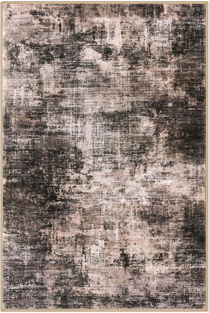 IOHOUZE Abstract Area Rug 3x5 Ft Washable Rugs for Entryway Indoor, Non Slip Kitchen Rug Printed Faux Wool Throw Rugs, Indoor Door Mat for Door Entrance Foyer Living Room, Brown/Rust