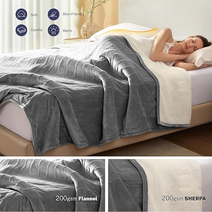 Electric Blanket Throw 50"x60" Heated Electric Blankets 10 Heating Levels 12 Time Settings 3 Hours Auto Off Fast Heating and Overheat Protection ETL Certified Machine Washable,Light Grey