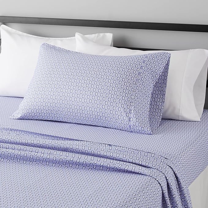 Amazon Basics Lightweight Super Soft Easy Care Wrinkle Free Microfiber 3 Piece Bed Sheet Set with 14-Inch Deep Pockets, Twin, Blue Damask, Printed, Kids, Men & Women Bedding