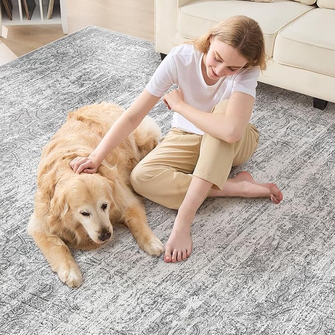 Area Rug Living Room Rugs - 9x12 Abstract Large Soft Indoor Washable Rug Neutral Modern Low Pile Carpet for Bedroom Dining Room Farmhouse Home Office - Vintage Grey
