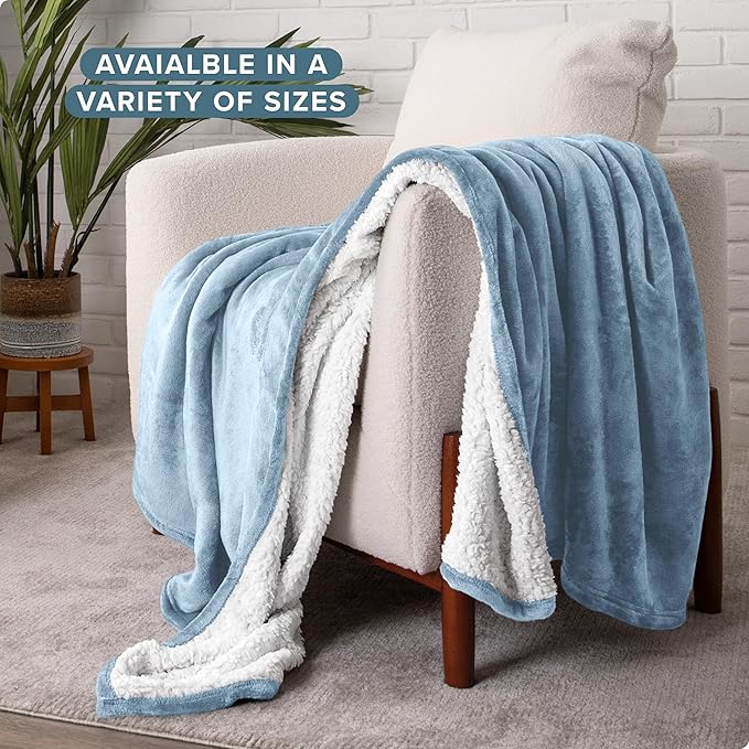 Bare Home Sherpa Fleece Blanket - Throw/Travel Size - Blanket for Bed, Sofa, and Couch - Warm & Lightweight - Fluffy & Soft - Reversible (Throw/Travel, Dusty Blue)
