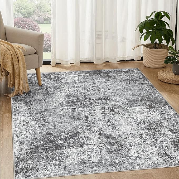 Square Area Rug Living Room Rugs - 6x6 Washable Large Soft Indoor Neutral Modern Abstract Low Pile Rug Carpet for Bedroom Dining Room Farmhouse Home Office - Grey