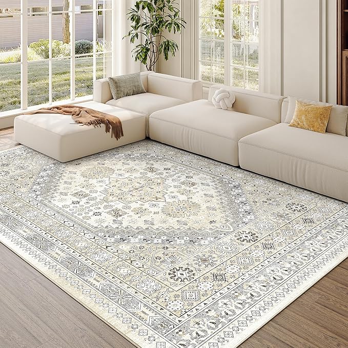 zesthome 5x8 Area Rugs - Ultra-Thin Washble Rug, Stain Resistant Anti Slip Backing Rugs for Living Room,Bedroom, Vintage Home Decor Area Rug (Beige,5'x8')