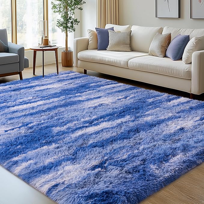 Fluffy Rugs for Bedroom Living Room, 4x6 Feet Abstract Blue Shag Area Rugs, Non-Slip Indoor Modern Fuzzy Plush Floor Carpet for Dorm Nursery Kids Room Decor, Soft Shaggy Throw Rug