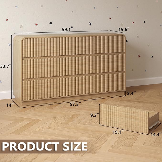 Dresser for Bedroom with 9 Drawers, Fluted Chest of Drawers with Round Curved Corner, Hidden Handles, Modern Wood Storage Organizer for Bedroom, Nursery, Living Room