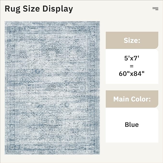 5x7 Area Rugs Blue Low Pile Indoor Washable Trendy Faded Style Rugs for Bedroom Living Room Dining Room Foldable Non-Slip Thin Print Mat