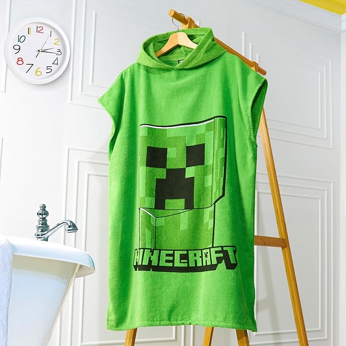 Minecraft Towelling Poncho Kids Teens Hooded Bath Towels Absorbent Beach Towel (Green, 10-13 Years)